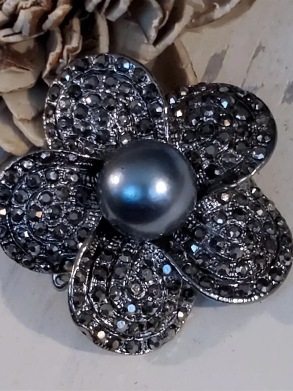 Bold Statement Gunmetal Black Gray Crystal Flower Adjustable Cocktail Ring